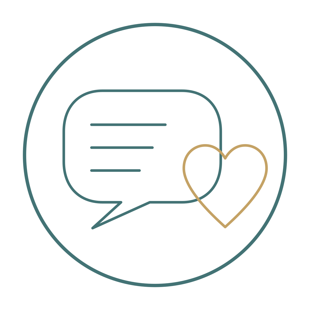 Icon of a speech bubble with a gold heart: tell your whole story and be believed
